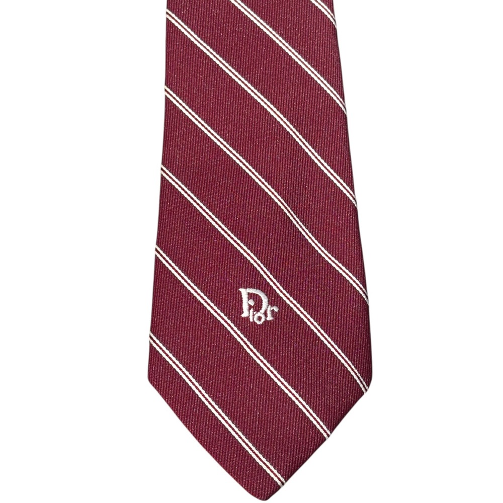 Christian Dior Mens Vintage‎ Burgundy Red White Striped Silk Blend Necktie Logo